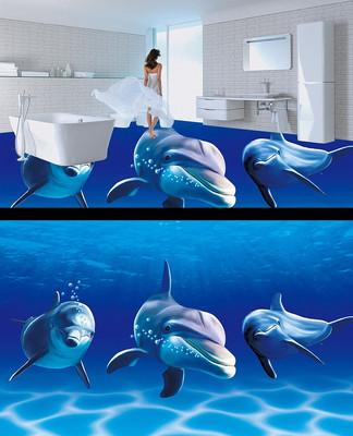 精美3d海底海洋世界海豚地磚地板畫圖片_背景墻|裝飾畫_編號(hào)4860380